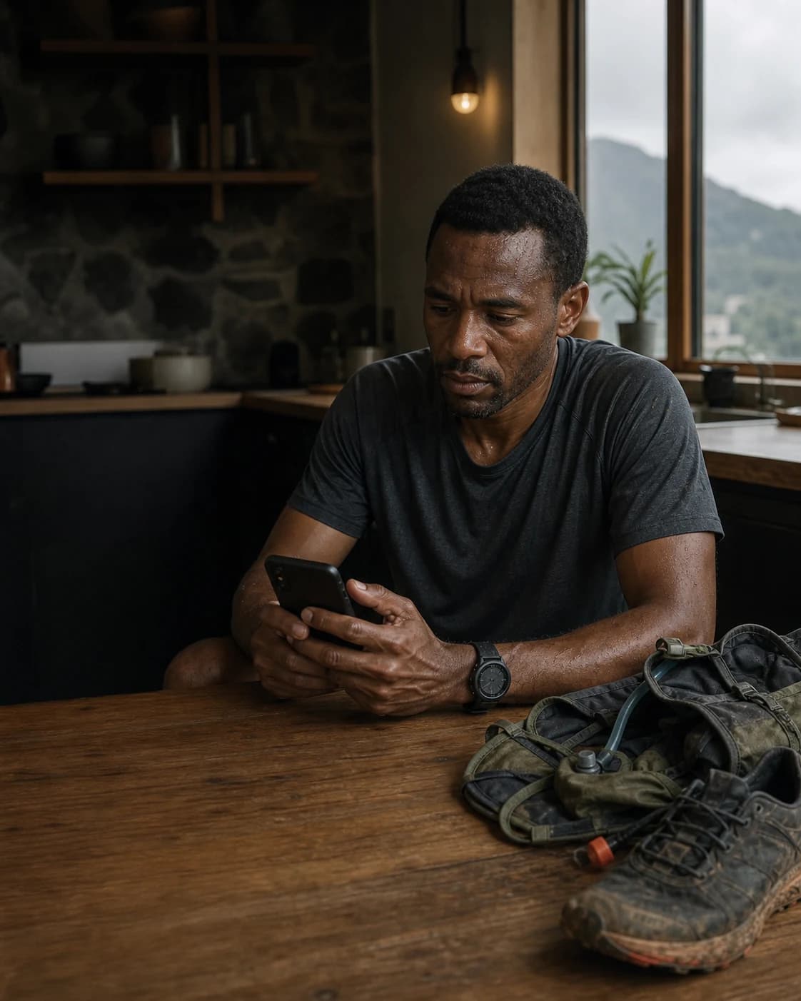 Trail runner checking Endure after a long run, with his shoes and training kit nearby