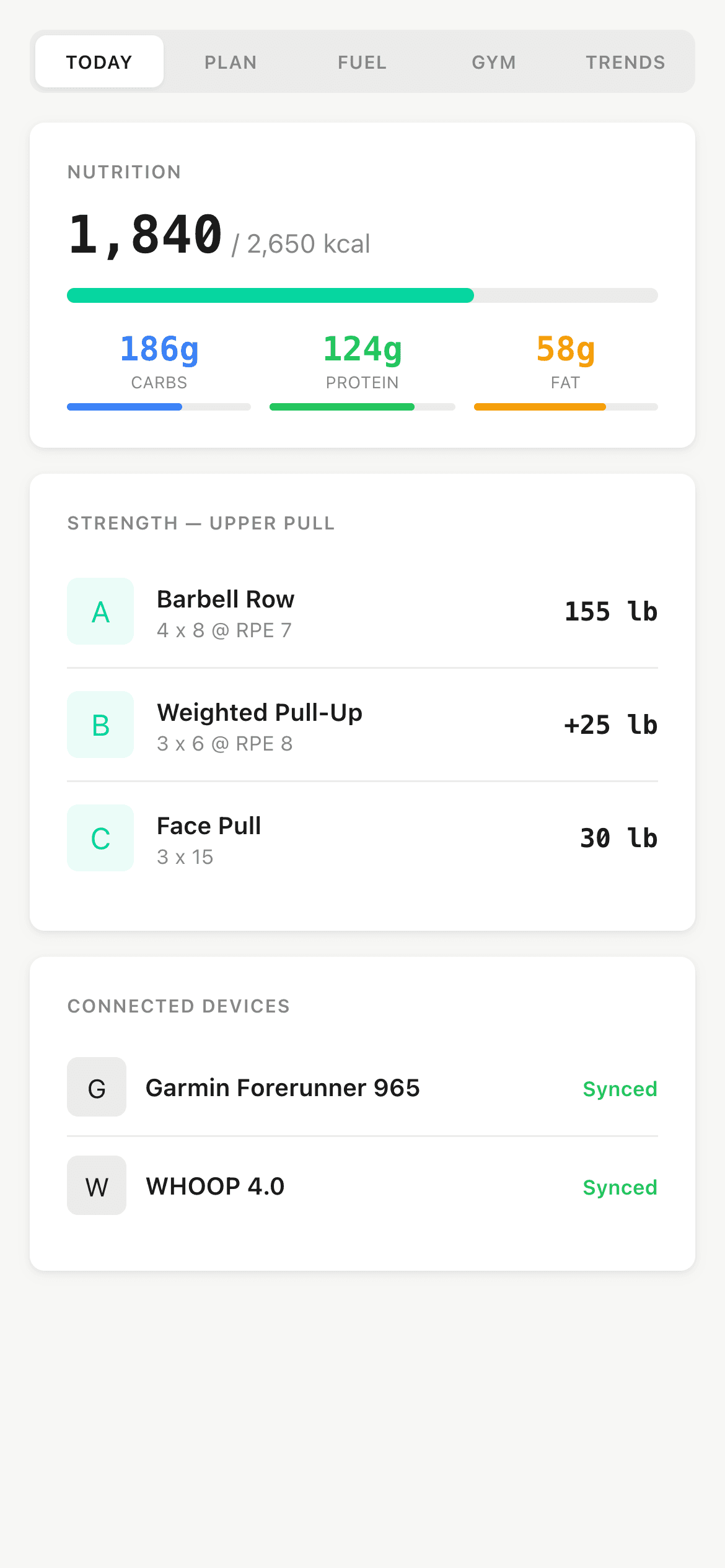 All-in-one view with nutrition, strength, and device sync